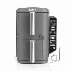 Ninja Double Stack XL Air Fryer Heißluftfritteuse mit digitalem Thermometer, 9,5 L Airfryer, vertikal, vier Kocheinstellungen, 2 Garstufen und 2 Ebenen, 6 Garfunktionen, 8 Portionen, Grau SL451EU