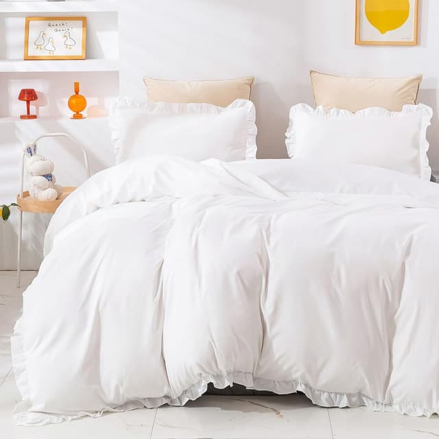 ASHANLAN Bettwäsche Rüschen 135x200 Weiß Uni Einfarbig Romantisch 🛏️😍