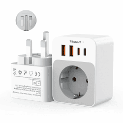 🔌🌍 TESSAN Adapter England Deutschland Stecker, Faltbar 5 in 1 Reiseadapter Typ G mit 2 USB C und 2 USB A