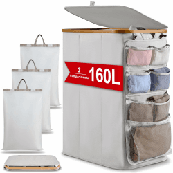 🧺 DOKRVLOQ Wäschesammler Wäschekorb 3 Fächer mit Deckel 160L Upgrade Hängeorganizer Wäschesortierer Groß Laundry Baskets Faltbarer Wäschekörbe Bambus Wäschebox für Schmutzwäsche WäSchetonne Hellgrau 🌟