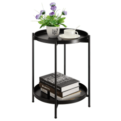 🌟 HollyHOME Rund Beistelltisch Schwarz | Beistelltisch Metall Couchtisch 2 Ebenen