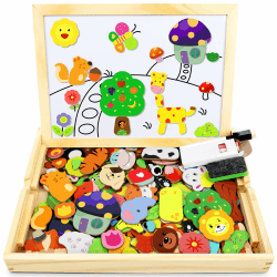 🧩 Jojoin Holzpuzzle mit Doppelseitiger Tafel - 110 Stück Tiermuster Pädagogisches Magnetische Holzspielzeug