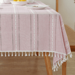 🌸 Meioro Böhmische Tischdecke für Küche Dekoration 130x180cm 🌿 Makramee Tischtuch mit Quasten - Rechteckige Leinen Tischwäsche - Gestreifte Tafeldecke Mesh Tischdecken für Esstisch Tabletop (Rosa)