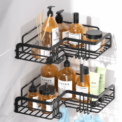 🚿🔖 LAJIAKE Duschablage Ohne Bohren - 2 Stück Duschregal, Edelstahl Shampoo Halterung für Dusche, Duschablage Ecke, Eckregal Dusche, Shower Shelf mit 8 Haken für Badezimmer und Küche, Schwarz