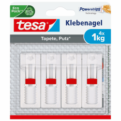 🔨🖼️ tesa Verstellbarer Klebenagel 4er Pack - 1 kg Halteleistung - Selbstklebender Wandnagel