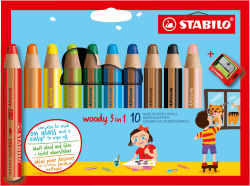 STABILO - Buntstift, Wasserfarbe & Wachsmalkreide - woody 3 in 1-10er Pack mit Spitzer 🌈
