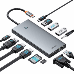 Baseus USB C Docking Station 3 Monitore, 13-in-1 USB C Hub mit 2 HDMI 4K@60Hz, DisplayPort 4K@120Hz, VGA, USB 3.1 10 Gbps Datenübertragung, PD 100W und Ethernet für Dell/HP/Lenovo/Surface Laptop 🚀