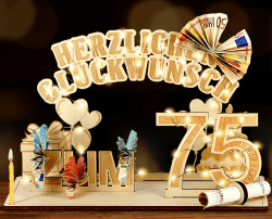 Giftota Original 75. Geburtstag Geldgeschenke Holz mit LED Lichterkette