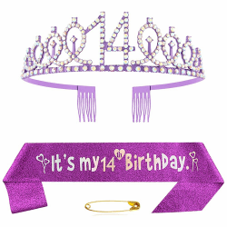 14. Geburtstag Schärpe Und Tiara Krone Lila Kristall Geburtstagkrone Set 🎉 Lila Geburtstagskrone Schärpe Deko Birthday Crown für Mädchen Frauen Birthday Party Accessoires Geburtstagsdeko 14