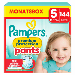 👶 Pampers Baby Windeln Pants Größe 5 (12-17kg) Premium Protection, Junior mit Stop- und Schutz Täschchen, MONATSBOX, 144 Höschenwindeln