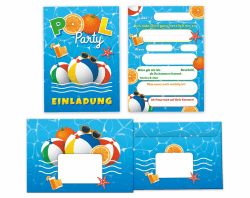 🎉 Minkocards 12 Einladungskarten + 12 Umschläge Kindergeburtstag Schwimmbad Pool-Party Jungen Mädchen 🎈