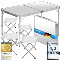 🌟 GOODS+GADGETS Klappbarer Multifunktionstisch Mehrzwecktisch Campingtisch Klapptisch Markttisch höhenverstellbarer Tapeziertisch Beistelltisch zum Campen (Camping Set mit 4 Stühlen - Weiß) - Spektakuläres Angebot!
