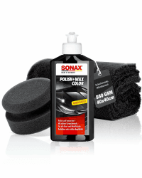 Auto Politur Set | Sonax Polish & Wax Color Schwarz 250ml Autopolitur + Polierschwamm + Poliertuch