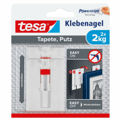 tesa Verstellbarer Klebenagel für Tapeten und Putz 2 kg - Höhenverstellbarer, selbstklebender Wandnagel - 2-er Pack 🖼️