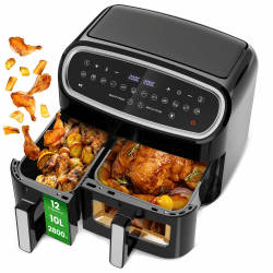 Doppelter Heißluftfritteuse mit Sichtfenster, 10L(4Lx6L) XXL 2800W Kapazität Doppel Airfryer