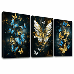 3 Stück Blaue und Goldene Schmetterlinge Leinwandbilder 🦋🖼️ Wohnzimmer Dekoration