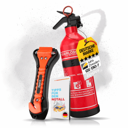 🔥 Feuerlöscher Auto 1kg + Nothammer Auto mit Gurtschneider [INKL. NOTFALLKARTE] - Strengste Qualitätssicherung 🔨