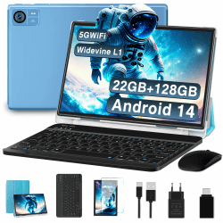 🔥 2025 Neueste Tablet 10.1 Zoll Android 14 Octa-Core 22GB RAM+128GB ROM 1TB TF, Widevine L1,5G+2.4G WiFi, GMS,BT 5.0, 8000mAh, 8MP+5MP,1280*800, Face ID, GPS,Type C, Tablet PC mit Tastatur, Maus-Blau 🔥