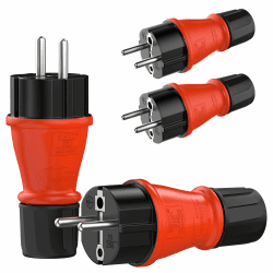 Schuko Stecker 230V IP54 4er Set 🛠️🔌🔒 | Robuster Schutzkontaktstecker aus Gummi & Kunststoff, Schwarz Rot