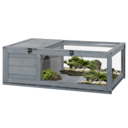 🐢 PawHut Schildkrötenhaus aus Holz 🏡 Schildkrötengehege mit aufklappbarem Oberseite 🪟 Outdoor Reptilienkäfig Terrarium für Schildkröten 🌞🦎 91x60,5x32 cm, Grau - Angebot