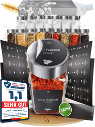 🌶️ Gewürzgläser Set Eckig | 24 Stk. 120ml - 10,7 x 4,5 cm | mit 350 Gewürzetiketten, 48 Streueinsätze, 1 Kreidestift