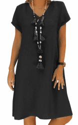 Sommerkleid Damen Leinen Kleider Casual V-Ausschnitt Midikleid Kurzarm A-Linie Kleid Strandkleid 😍👗