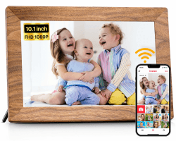 Yalilia Frameo Digitaler Bilderrahmen WLAN 10,1 Zoll - 1280x800 IPS Touchscreen Digitale Bilderrahme, 32GB Speicher, Auto Rotation Elektronischer Fotorahmen, Teilen Sie Fotos/Videos Sofort (Holzmaserung)