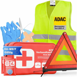 🚗🆘 3 in 1- Set KFZ Pannenset geprüft 2025 & Autozubehör - Auto Erste Hilfe Set mit Verbandskasten & Warnweste & Warndreieck für StVO