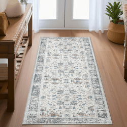 🌸🌿 TOPICK Läufer 60x210cm Grau Teppich Waschbar Superdünne Vintage Blumen Perserteppich Kurzflor