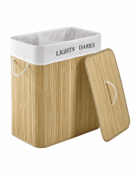 Juskys Bambus Wäschekorb Curly Natur 100L 🧺 - Hygienischer Wäschekorb mit Deckel, Tragegriff & Wäschesack - 2 Fächer - Natürliche Bambus Optik