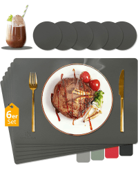 🌟 6er Set Platzdeckchen Kunstleder mit Untersetzer - Dunkelgrau