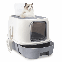 🐱 CALIYO Katzenklo mit Deckel – Anti-Geruch Katzentoilette Geschlossen hoher Rand, Katzenklo Groß XXL mit Schublade & Sieb für Große Katzen, Cat Litter Box (53×41×40 cm, Grau-Weiß) 🐾