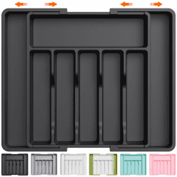 🍴 Lifewit Besteckkasten für Schubladen | Verstellbarer Besteckhalter Utensilienhalter für Küchenschubladen | Schubladeneinsatz Besteckeinsatz für Küche Organizer aus Kunststoff für Löffel, Gabeln, Schwarz