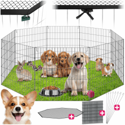 🐰🐶🏡 Tectake® Freilaufgehege mit Schutznetz, Steckzaun Absperrgitter faltbar und erweiterbar