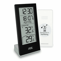 🕒 ADE Funkuhr digital mit Temperaturanzeige und Außensensor | Thermometer für Innen- und Außentemperatur 🌡️ | Trendanzeige | Tischuhr mit Datum und Wochentag ⏰ | inkl. Batterien 🔋 | schwarz