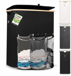 🌿🧺 Hennez Wäschebox 150L - Wäschekorb 3 Fächer - mit Deckel - Wäschesortierer mit Wäschesack - schwarz Bambus 🧼👚