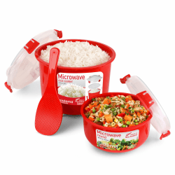 🍚 Sistema Microwave-Reiskocher | 2,6 l | runde Mikrowellen-Frischhaltedose (915 ml) | BPA-frei | rot [82001] - Angebot!
