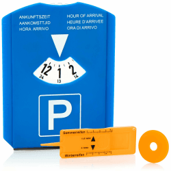com-four® 1x Parkscheibe mit Eiskratzer, Gummilippe und Einkaufswagenchip und Reifenprofilmesser