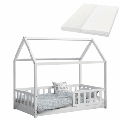 🛏️ Juskys Kinderbett Marli 80 x 160 cm mit Matratze, Rausfallschutz, Lattenrost & Dach - Massivholz Hausbett für Kinder - Bett in Weiß