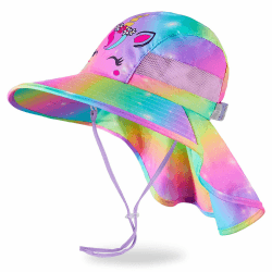 MHJY Sonnenhut Kinder Sonnenmütze Mädchen Hut Sommer UV Schutz 50 Mützen Einhorn Anglerhut Breite Krempe Kappe mit Nackenklappe Kleinkind 2-9 Jahre Colorful Rainbow 🌞🦄