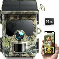 WOLFANG Solar Wildkamera mit Handyübertragung, 4K 30fps 46MP,120 ° Weitwinkel WLAN Bluetooth Wildtierkamera