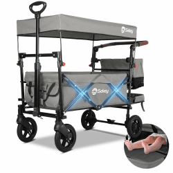 Sekey Bollerwagen Faltbar mit Dach 2 Kinder 150KG, Faltbarer Bollerwagen Handwagen Schiebegriff, Kinderwagen Stoßfest PU Räder mit Bremsen 110L, SS5050, Grau 🚗🌟