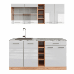 Vicco Singleküche R-Line, Weiß Hochglanz/Goldkraft Eiche, 160 cm, AP Marmor 🌟