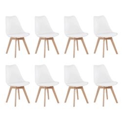 H.J WeDoo 8 x Wohnzimmerstuhl Esszimmerstuhl Bürostuhl mit Massivholz Buche Bein, Retro Design Gepolsterter Stuhl Küchenstuhl Holz, Weiß 8er Set