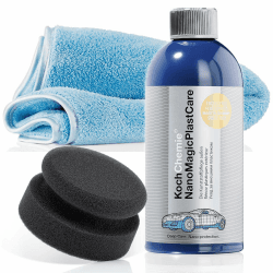 🚗🛡️ Koch Chemie Kunststoffpflege Set außen: NanoMagic Plastcare Kunststoffpflege 500ml + Handpolierschwamm Soft, feinzellig Ø 90/50mm + detailmate Mikrofasertuch 40x40cm, 550GSM