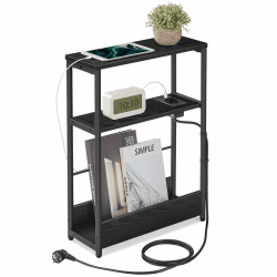 VASAGLE Beistelltisch schmal, Nachttisch mit Ladefunktion, Couchtisch klein, 3 Ablagen, Zeitschriftenhalter, für Wohnzimmer, Schlafzimmer, Arbeitszimmer, ebenholzschwarz-tintenschwarz LET335B02