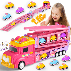 🚚🎀 Hot Bee Lastwagen Spielzeug Set für Mädchen | Alter 2-6 Jahre | Rennstrecke | Spielzeugautos und LKW | Geburtstagsgeschenk
