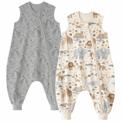 👶🐘 2er Pack Baby Schlafsack mit Füßen 0,5 Tog Sommer - Beige Grau Elefanten