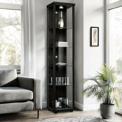 🌟 Glasvitrine in Schwarz (176x37x33 cm) mit 4 höhenverstellbaren Glasböden,LED 🌟