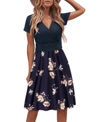 🌸 STYLEWORD Damen Sommerkleid Kurzarm V-Ausschnitt Kleider Blumenmuster Kleid Wickelkleid Mit Taschen L Floral05 🌺
